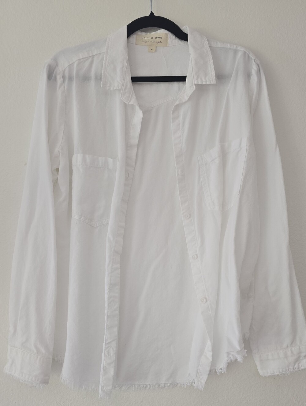 Cloth & Stone White Button-Down Shirt with Fraued Edge Detail